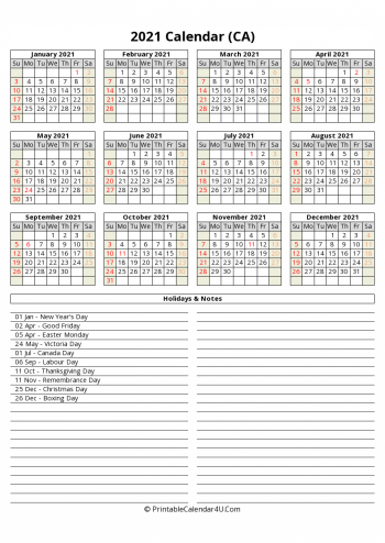 2021 canada calendar with holidays and notes (portrait)