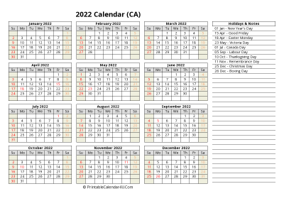 2022 canada calendar with holidays and notes (landscape)