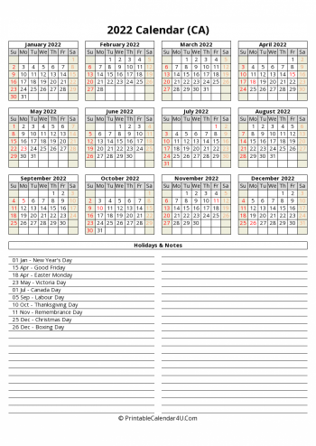 2022 canada calendar with holidays and notes (portrait)