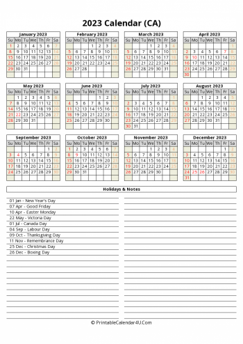 2023 canada calendar with holidays and notes (portrait)