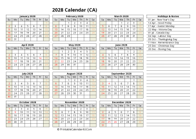 2028 canada calendar with holidays and notes (landscape)