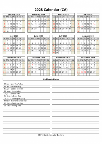 2028 canada calendar with holidays and notes (portrait)
