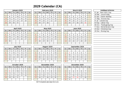 2029 canada calendar with holidays and notes (landscape)