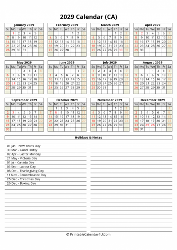 2029 canada calendar with holidays and notes (portrait)