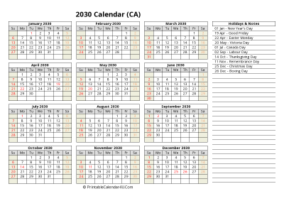 2030 canada calendar with holidays and notes (landscape)