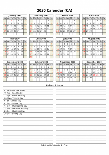 2030 canada calendar with holidays and notes (portrait)