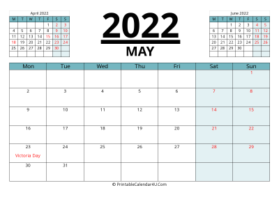 canada calendar may 2022 with week start on monday