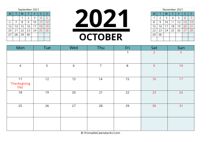 canada calendar october 2021 with week start on monday