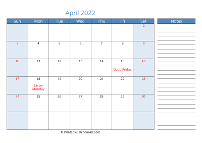 editable april 2022 canada calendar with holidays and notes