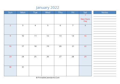 editable january 2022 canada calendar with holidays and notes