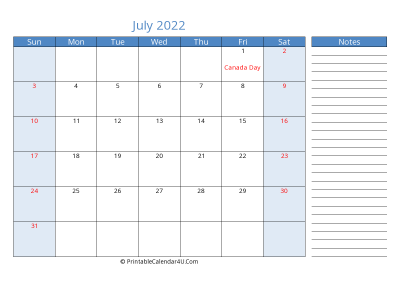 editable july 2022 canada calendar with holidays and notes