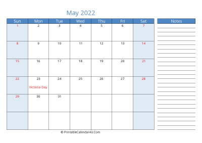 editable may 2022 canada calendar with holidays and notes