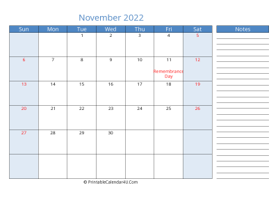 editable november 2022 canada calendar with holidays and notes