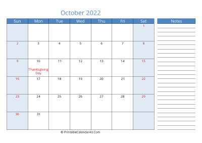 editable october 2022 canada calendar with holidays and notes