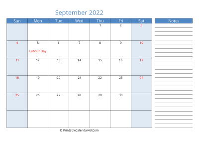 editable september 2022 canada calendar with holidays and notes