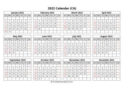 printable canada calendar 2022 with holidays (landscape)