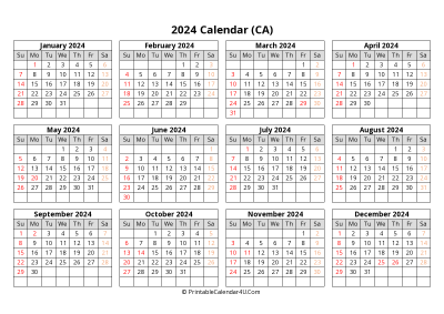 printable canada calendar 2024 with holidays (landscape)