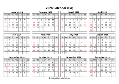 printable canada calendar 2028 with holidays (landscape)