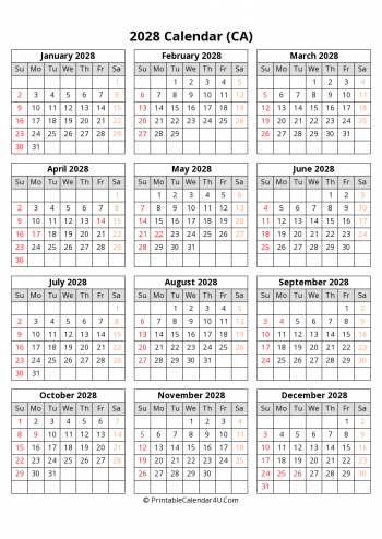 printable canada calendar 2028 with holidays (portrait)
