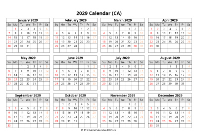 printable canada calendar 2029 with holidays (landscape)