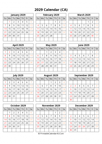 printable canada calendar 2029 with holidays (portrait)