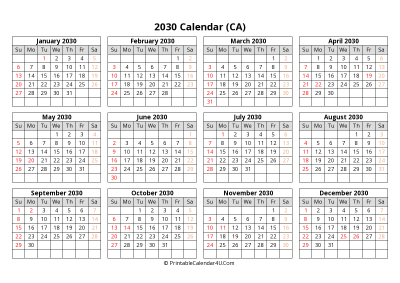 printable canada calendar 2030 with holidays (landscape)