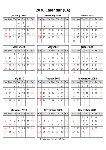 printable canada calendar 2030 with holidays (portrait)