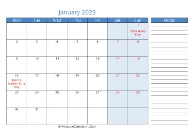 printable monthly calendar january 2023 with week start on monday