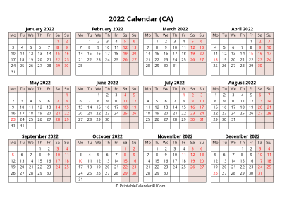 yearly 2022 canada calendar with weeks start on monday (landscape)