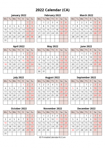 yearly 2022 canada calendar with weeks start on monday (portrait)