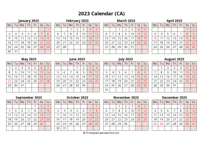 yearly 2023 canada calendar with weeks start on monday (landscape)