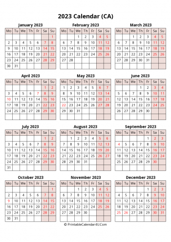 yearly 2023 canada calendar with weeks start on monday (portrait)