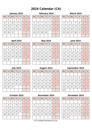 yearly 2024 canada calendar with weeks start on monday (portrait)