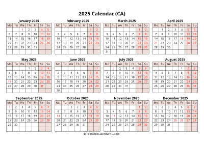 yearly 2025 canada calendar with weeks start on monday (landscape)
