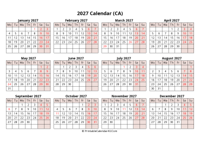 yearly 2027 canada calendar with weeks start on monday (landscape)