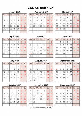 yearly 2027 canada calendar with weeks start on monday (portrait)