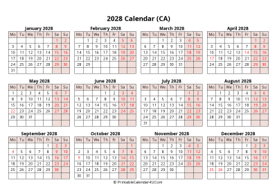 yearly 2028 canada calendar with weeks start on monday (landscape)