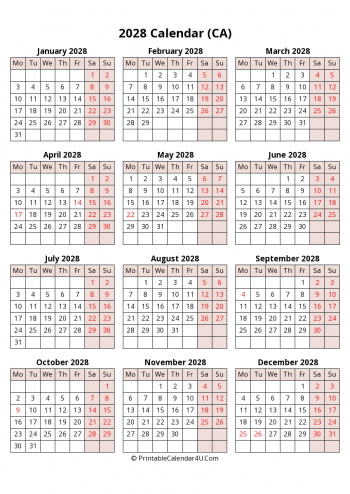 yearly 2028 canada calendar with weeks start on monday (portrait)