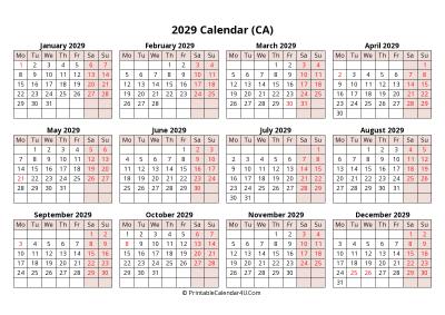 yearly 2029 canada calendar with weeks start on monday (landscape)
