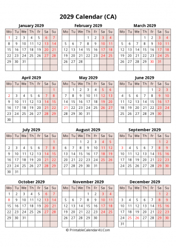 yearly 2029 canada calendar with weeks start on monday (portrait)