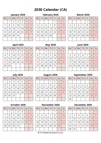 yearly 2030 canada calendar with weeks start on monday (portrait)