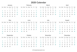 2020 calendar printable landscape layout