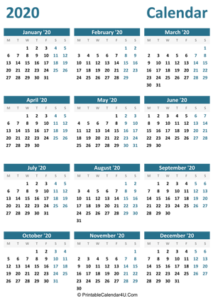 2020 calendar printable portrait layout