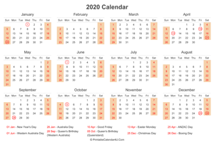 2020 calendar with australia holidays at bottom landscape layout