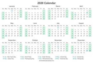 2020 calendar with canada holidays at bottom landscape layout