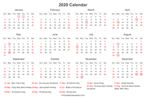 2020 calendar with uk bank holidays at bottom landscape layout