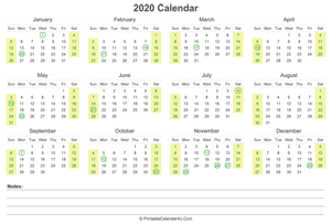 2020 calendar with us holidays and notes landscape layout