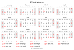 2020 calendar with us holidays at bottom landscape layout