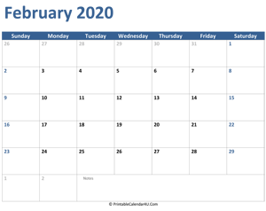 2020 february calendar with notes