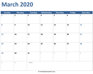 2020 march calendar with notes